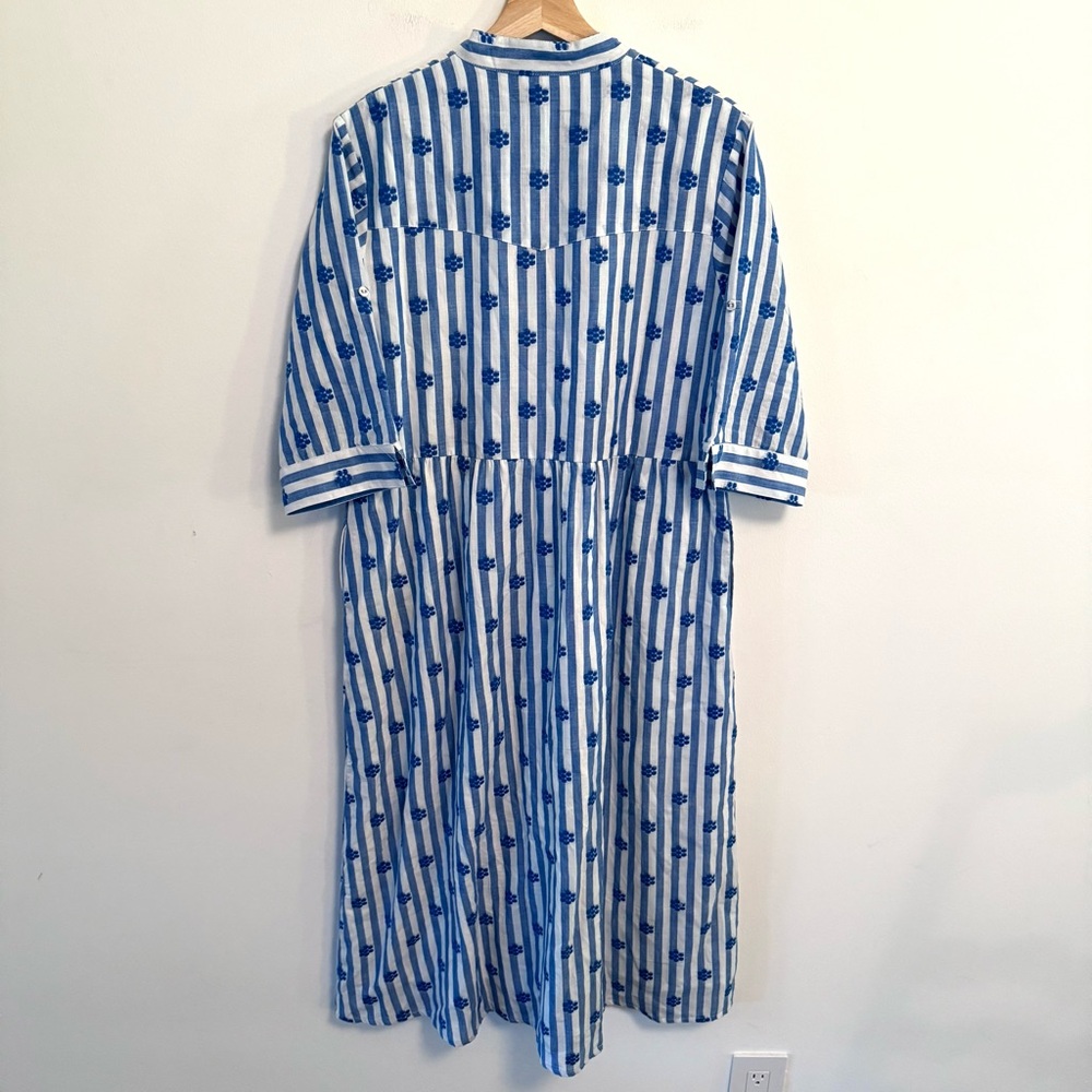 Beau & Ro Midi Capri Blue White Stripe Floral Embroidery Button Shirt Dress L - Picture 3 of 4